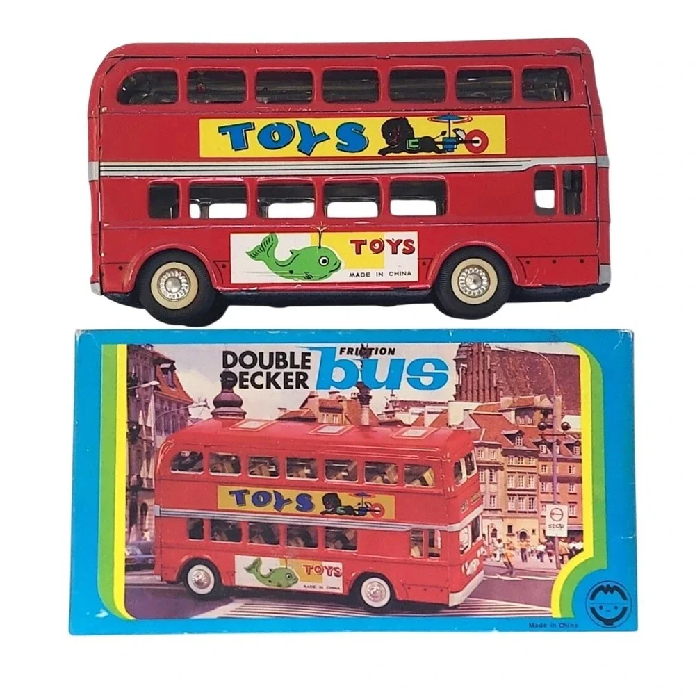 Vintage Friction Powered Toys Tin Double Decker Bus